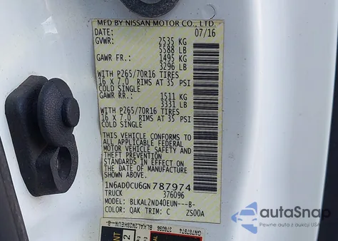 2016 Nissan Frontier Desert Runner/Sv z USA, uszkodzony, nr VIN 1N6AD0CU6GN787974